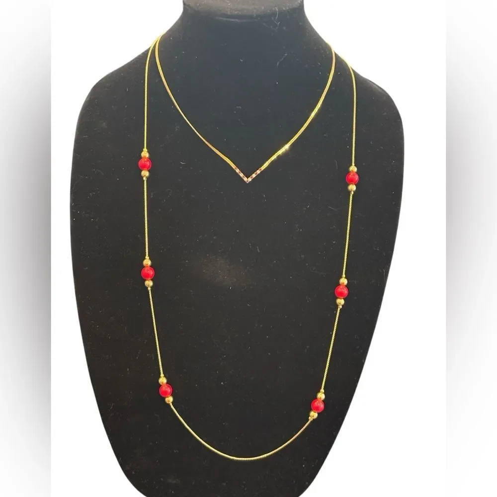 Napier and Avon Gold and Red Beaded Necklace Set